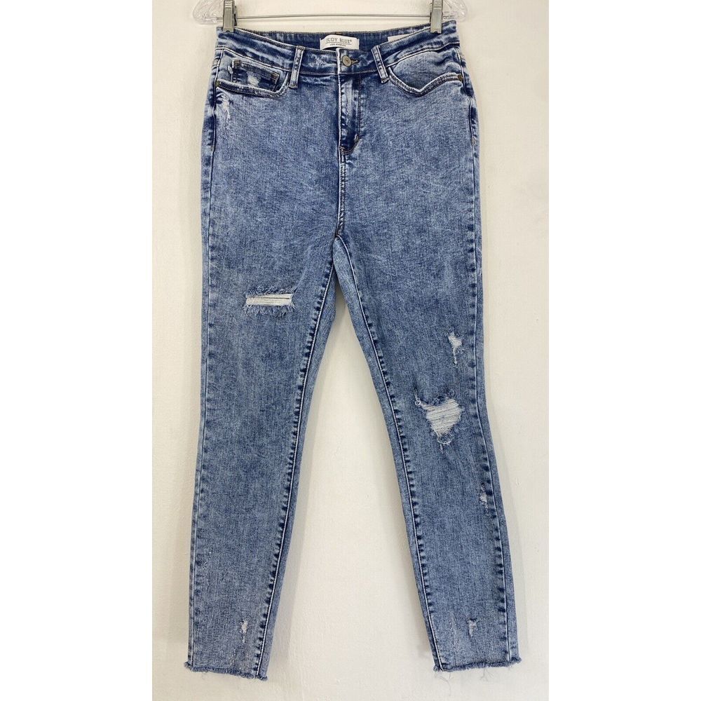Judy‎ Blue Skinny Jeans Woman's 9/29 Distressed Stone Wash Stretch Raw Hem Denim